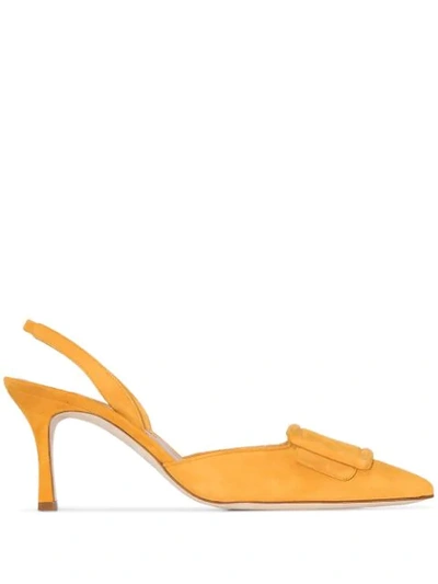 Manolo Blahnik 'maysli 70' Square Brooch Suede Slingback Pumps In Yellow