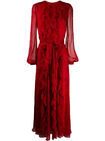 Valentino Long-sleeve Ruffle-front Floral Chiffon Gown In Red