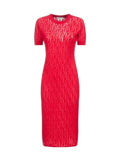 Fendi Ff Red Cotton Short Sleeve Knit Dress