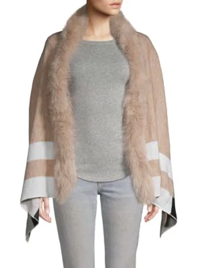Adrienne Landau Dyed Fox Fur-trimmed Plaid Shawl In Beige