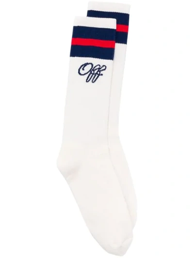 Off-white White Women's Logo Embroidered Socks In White Blue