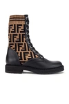 Fendi Rockoko Logo-jacquard Stretch-knit And Leather Ankle Boots In Black