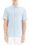 Theory Irving Slim Fit Short Sleeve Button-up Linen Sport Shirt In Skylight