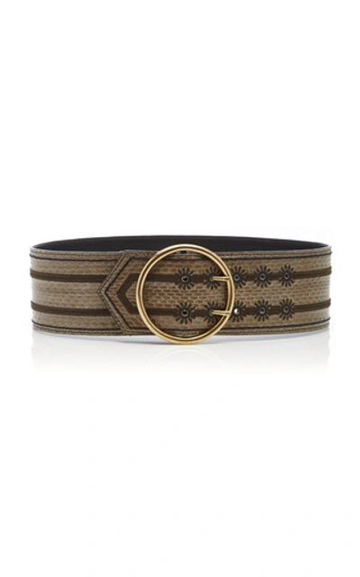 Etro Embroidered Snake-effect Leather Waist Belt In Grey