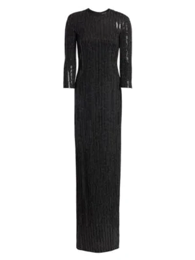 St John Paillette Pinstripe 3/4-sleeve Column Gown With Back Slit In Caviar