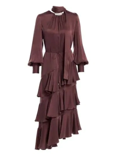 Zimmermann Espionage Tiered Silk Flounce Dress In Mahogany