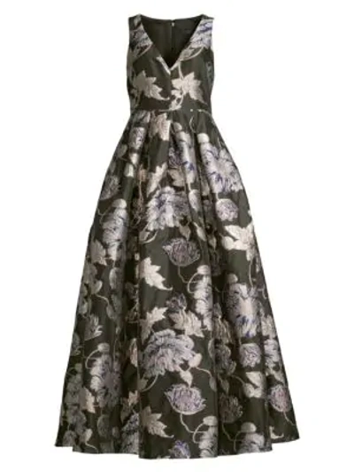 Aidan Mattox Floral Brocade V-neck Sleeveless Ball Gown In Aubergine