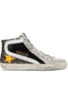 GOLDEN GOOSE SLIDE DISTRESSED GLITTERED LEATHER AND SUEDE SNEAKERS