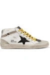 GOLDEN GOOSE MID STAR DISTRESSED GLITTERED AND SNAKE-EFFECT LEATHER AND SUEDE trainers