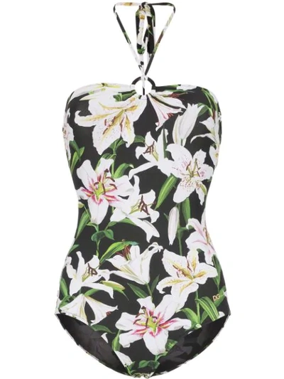 Dolce & Gabbana Lily-print Halterneck Swimsuit In Black