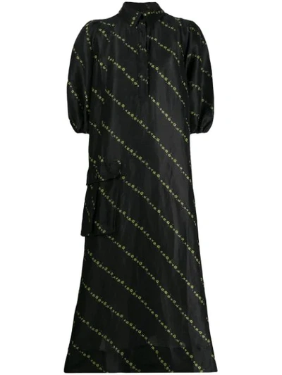 Ganni Floral Silk-linen Oversized Maxi Dress In Black