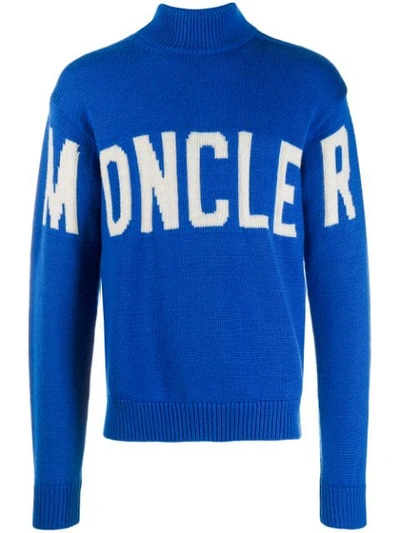 Moncler High Collar Virgin Wool Tricot Sweater In Blue