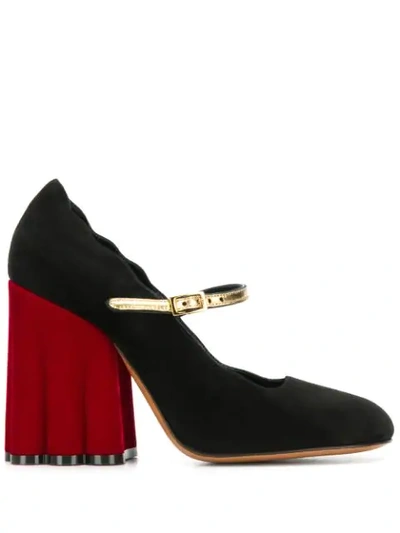 Marni Scalloped Suede Mary Jane Pumps In Black,red,gold