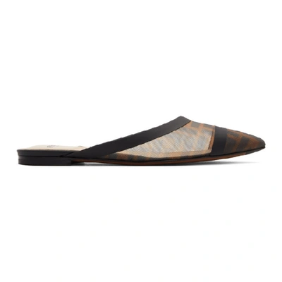 Fendi Colibri Leather-trimmed Logo-print Mesh Slippers In Marron