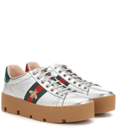 Gucci New Ace Metallic Leather Bee Thick-sole Trainers In Grey