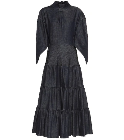 Chloé Cape-sleeve Tiered Denim Dress In Blue