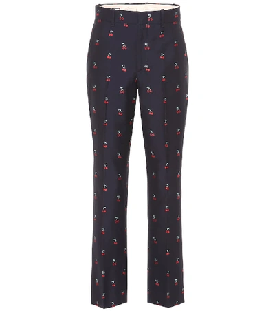 Gucci Gg Cherry Boot-cut Cotton/wool Ankle Trousers In Blue/ Red