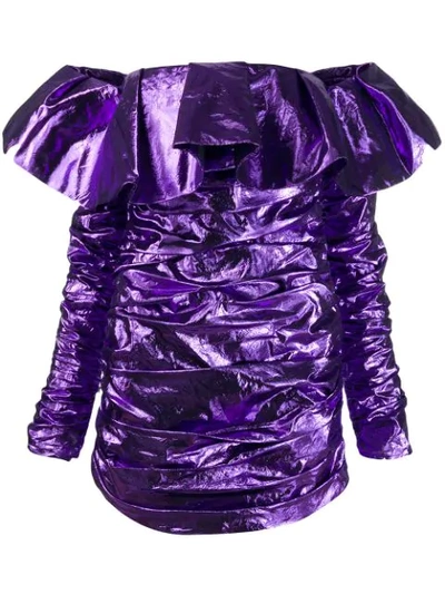 Attico Off-the-shoulder Ruched Lamé Mini Dress In Purple