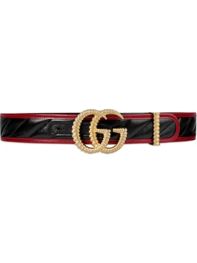 Gucci Diagonal Quilted Leather Belt W/ Torchon Double G Buckle In Black