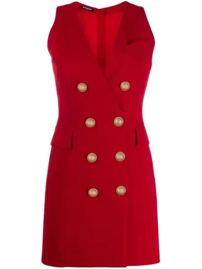 Balmain Button-embellished Wool-twill Mini Dress In Red