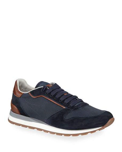 Brunello Cucinelli Leather-trimmed Suede And Mesh Trainers In Blue