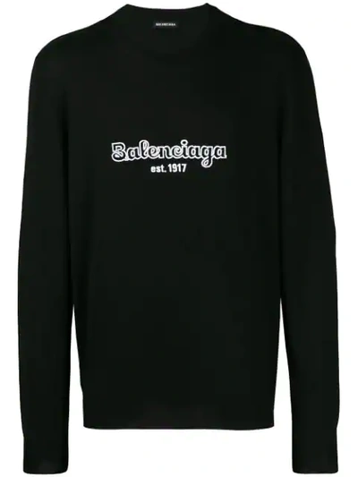 Balenciaga Embroidered Logo Wool Knit Sweater In Black