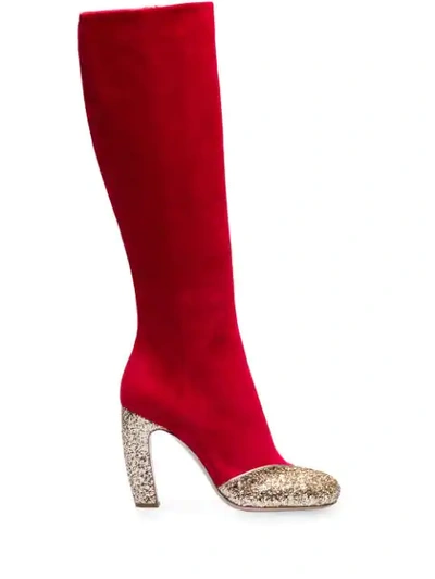 Miu Miu Glitter-effect Panelled 100mm Boots In Red
