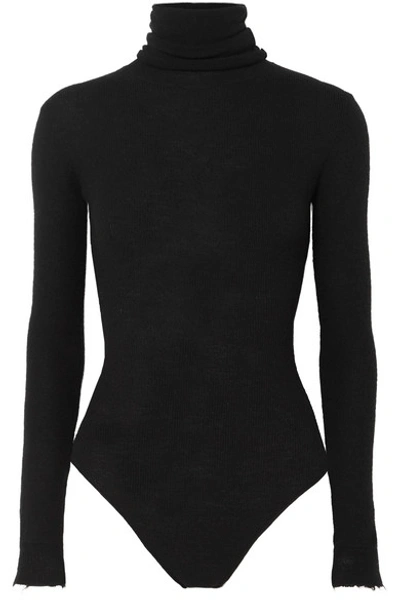 Ben Taverniti Unravel Project Distressed Ribbed Wool And Cashmere-blend Turtleneck Bodysuit In Black