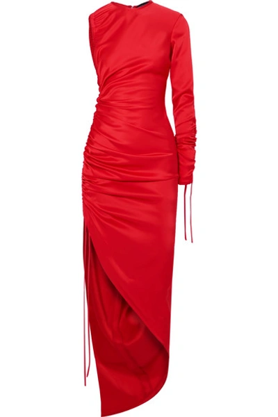 David Koma Asymmetric Ruched Satin Midi Dress In Red