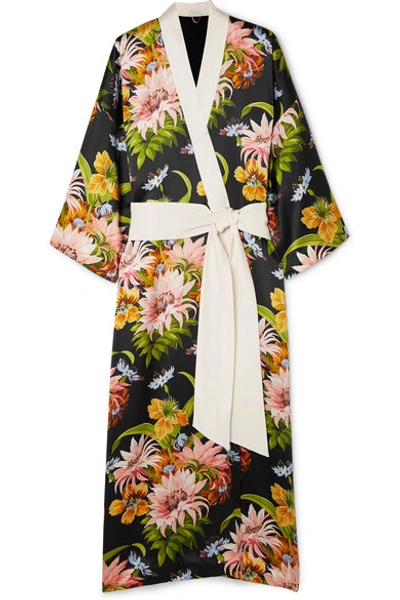 Olivia Von Halle Queenie Tropicana Floral Long Silk Kimono Robe In Black