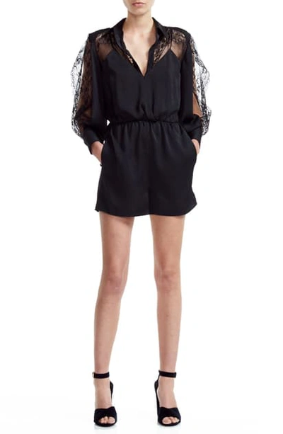 Maje Ines Lace-paneled Crepe De Chine Playsuit In Black