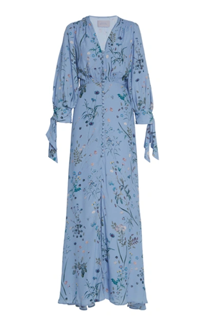 Luisa Beccaria Tie-neck Floral-print Crepe Maxi Dress In Blue