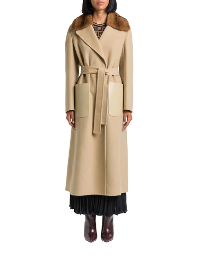 Fendi Cashmere Double Coat With Mink Fur Collar In Beige