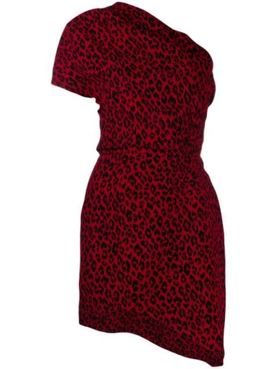 Saint Laurent Leopard-print One-shoulder Dress In Red