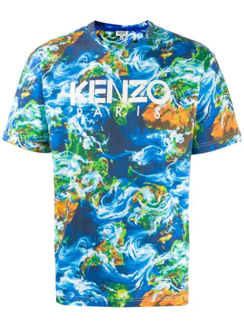 Kenzo World Printed Cotton T-shirt In Blue | ModeSens