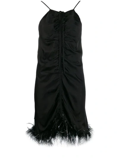 Alice Mccall Favour Feather-trimmed Ruched Satin Mini Dress In Black