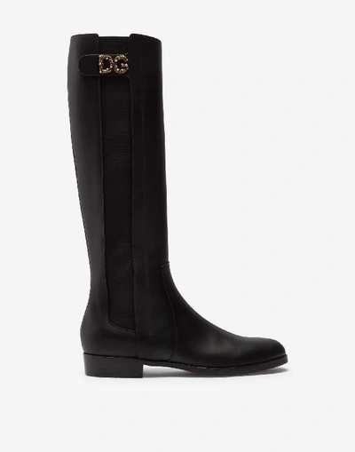 Dolce & Gabbana Calfskin Nappa Boots With Dg Logo In Black