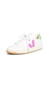 Veja V-12 Leather And Canvas Sneakers In White/ultraviolet/granny