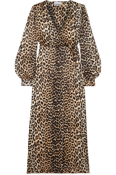 Ganni Leopard Print Long Sleeve Silk Satin Midi Wrap Dress In Multi