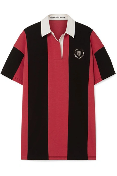 Alexander Wang Oversized Embellished Striped Cotton-jersey Polo Shirt In Red