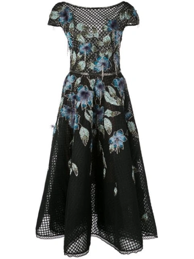 Marchesa Embroidered Tulle Midi-tea Dress In Black