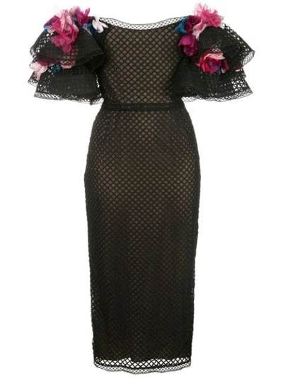 Marchesa Off Shoulder Embroidered Grid Tulle Cocktail Dress In Black