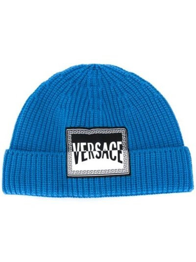 Versace Logo Patch Beanie In Blue