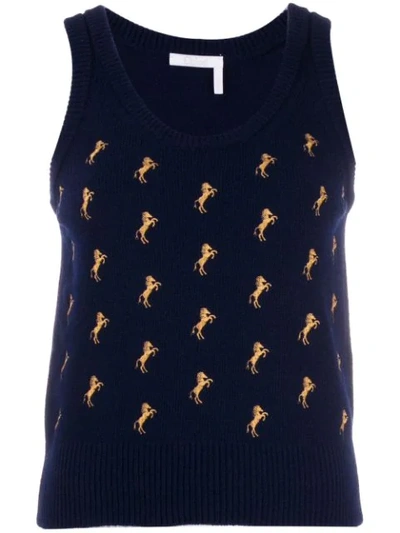 Chloé Sleeveless Embroidered Horse Top In Blue