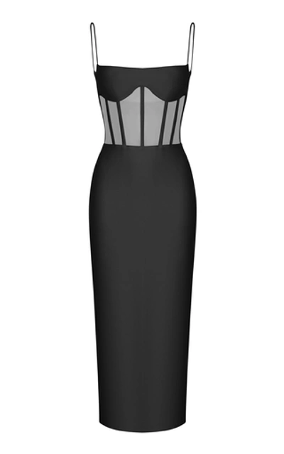 Rasario Sleeveless Crepe Corset Midi Dress In Black