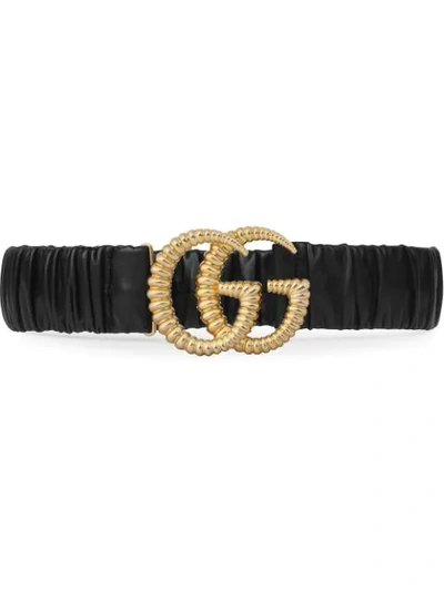Gucci Elasticized Leather Belt W/ Torchon Double G Buckle In Black
