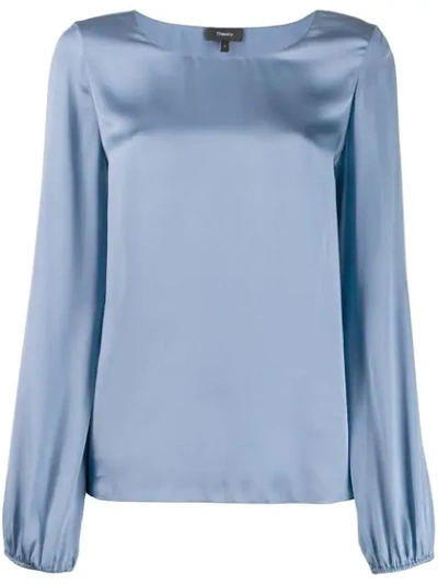 Theory Scoop-neck Blouson-sleeve Silk Shirt In Blue