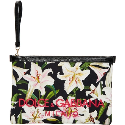 Dolce & Gabbana Black Embroidered Lilium Pouch In Multi