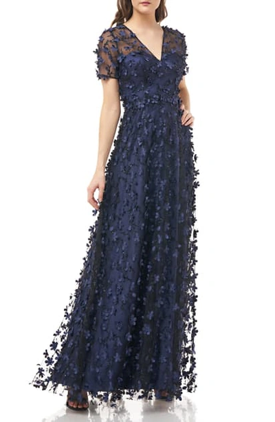 Carmen Marc Valvo Infusion 3d Flower Gown In Navy