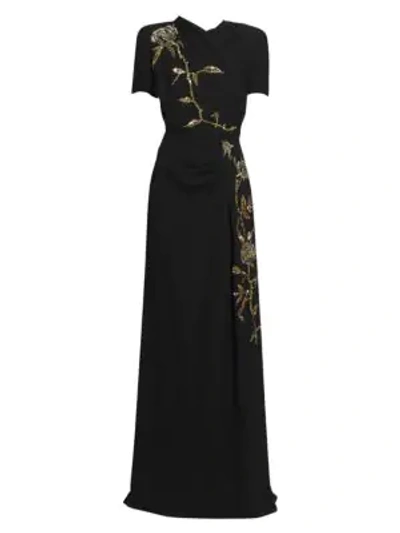 Dries Van Noten Rose Sequin Draped Gown In Black